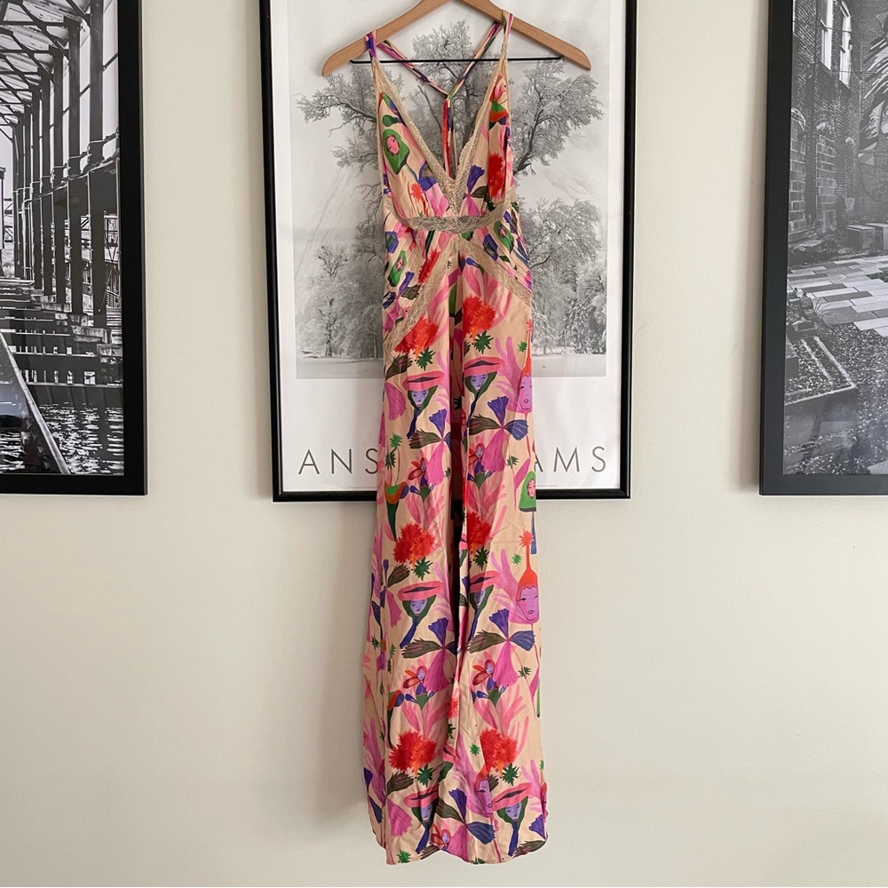Farm Rio Sand Fairies Lace Trim Slip Midi Dress NWT Medium Beige Pink - Picture 7 of 16
